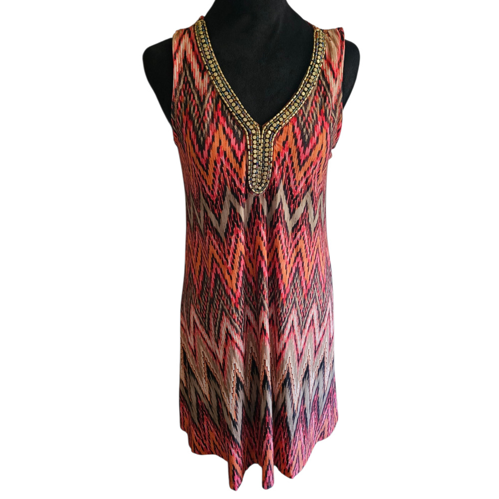 Sandra Darren Petite Beaded Tunic Dress 6P Orange Chevron Boho V-Neck Dress
